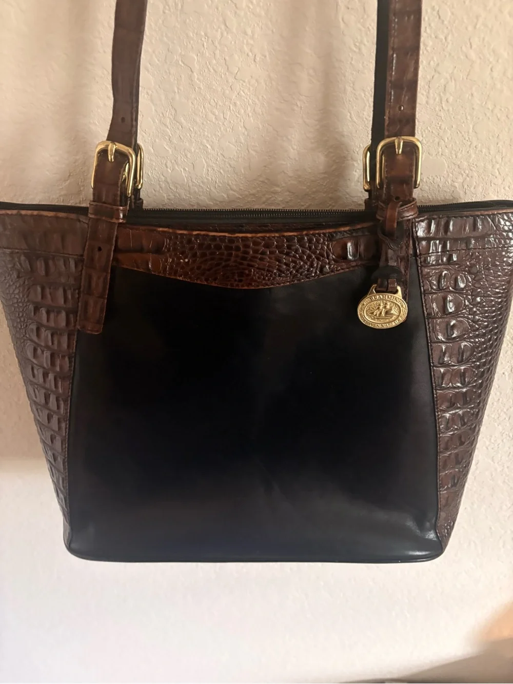 BRAHMIN Tuscan Croc Black Brown Leather Shoulder Bag Tote Handbag Purse
